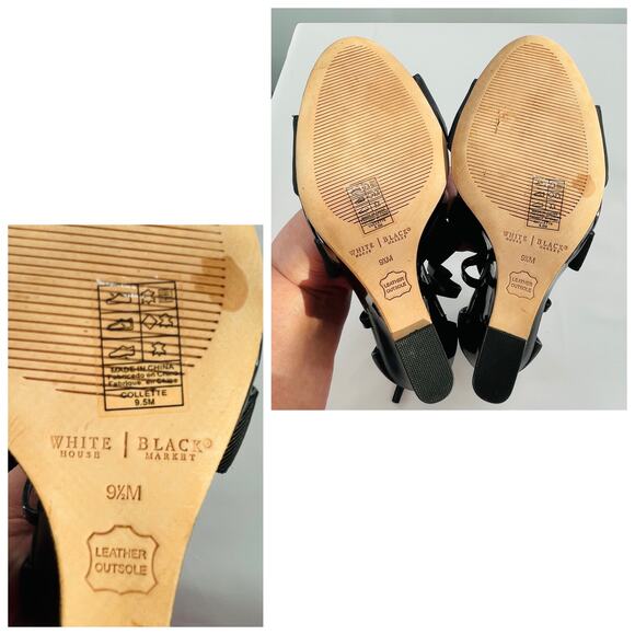 WHBM Black Leather Strappy Career Chic Zip Back Elastic Ankle Wedge Heel 9.5 - Picture 10 of 10